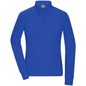A long-sleeved polo shirt in vibrant blue with a collar and three-button placket. Features a logo on the garment.