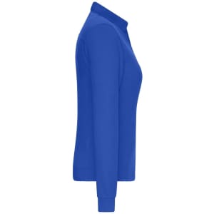 A side view of a ladies' polo shirt in a vibrant blue colour, featuring long sleeves and a collar. It has a logo.