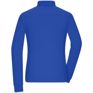 A blue ladies work polo shirt with long sleeves and a collar, featuring a logo.