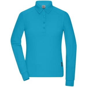 A long-sleeve polo shirt in bright blue with a collar and buttons. The shirt features a logo on the label.