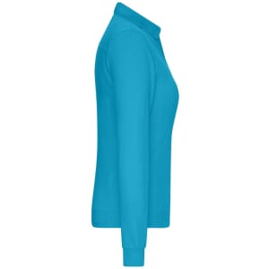 A side view of a ladies' work polo shirt in bright blue with long sleeves and a collar. It features a logo.