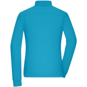 A turquoise long-sleeved polo shirt with a collar and a logo on the back.