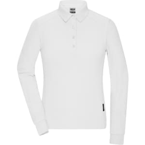 A white long-sleeve polo shirt with a collar and buttons, featuring a small logo on the side.