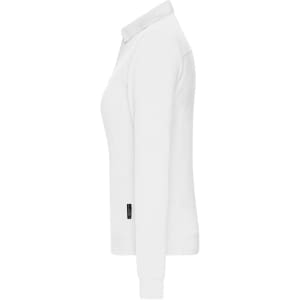 A ladies' white long-sleeve polo shirt with a fitted design and a logo on the side.