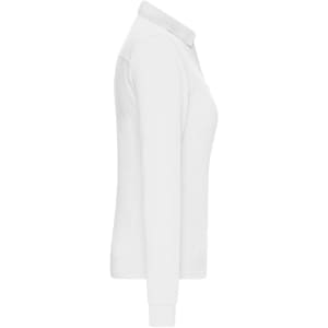 A white long-sleeve polo shirt for women with a collar. It features a logo on the front.