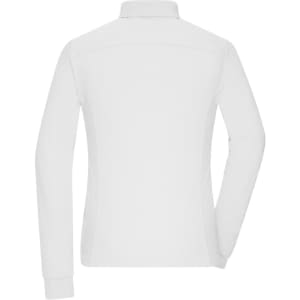 A white long-sleeve polo shirt for women, featuring a collar and a branding logo on the back.