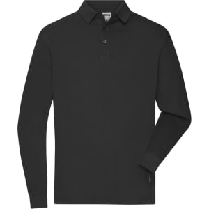 A long-sleeve polo shirt in black, featuring a collar and a logo on the side.