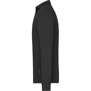 A black long-sleeved polo shirt for men, featuring a collar and a logo on the side.