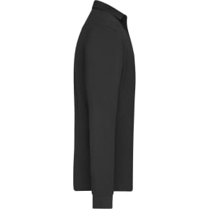 A black long-sleeve polo shirt with a collar and a logo. Suitable for workwear or casual wear.