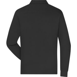 A black long-sleeve polo shirt with a collar and one branded logo on the back.