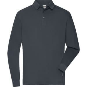 A long-sleeve, dark grey polo shirt with a collar and a small logo on the side.