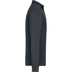 A long-sleeve polo shirt in dark grey, featuring a collared neckline and a logo on the chest.