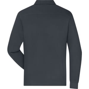 A dark grey long-sleeve polo shirt designed for men's workwear, featuring a fabric texture and a collar.
