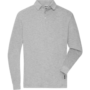 A grey long-sleeve polo shirt with a collar and a logo on the side. Suitable for workwear.