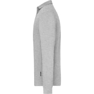 A grey long-sleeved polo shirt with a collar and side view, featuring a logo.