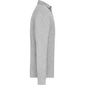 A grey long-sleeve polo shirt with a collar and a logo on the chest. Suitable for workwear.