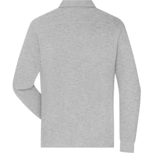 A grey long-sleeve polo shirt for men, featuring a collar and a plain back design. It has a logo on the chest.