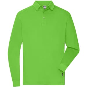 A long-sleeve polo shirt in vibrant green, featuring a collar and a logo on the hem.