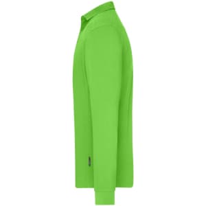 A side view of a long-sleeve polo shirt in vibrant green, featuring a collar and a logo on the hem.