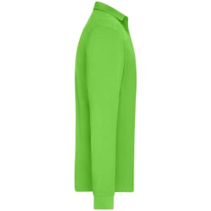 A green long-sleeve polo shirt displayed from the side, featuring a collar and long sleeves. It has a logo.