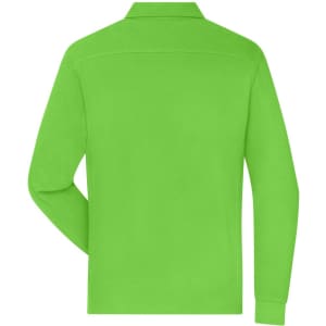 A long-sleeve polo shirt in bright green with a collar and a logo. Suitable for workwear.