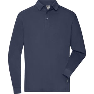 A long-sleeved navy polo shirt featuring a collar and a logo on the side. Suitable for workwear activities.