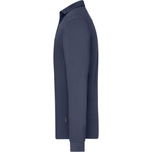 A navy blue long-sleeve polo shirt for men, featuring a collar and a side view showcasing the fit.