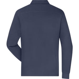 A navy long-sleeve polo shirt featuring a collar and a back view with a logo.