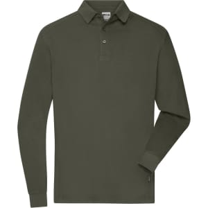 A long-sleeve polo shirt in olive green with a collar and a logo on the side.
