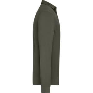 An olive green long-sleeve polo shirt with a collared neckline and long sleeves, featuring a logo.