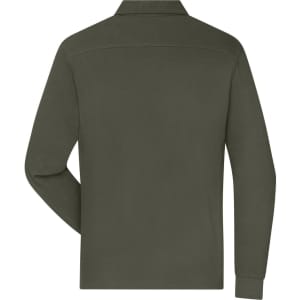 A men's long-sleeve polo in olive green, featuring a classic collar and a plain back. Includes a logo.