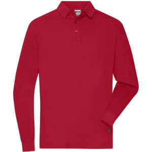 A red long-sleeve polo shirt with a collar and an embroidered logo.