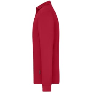 A red long-sleeved polo shirt with a collar and an attached logo on the side.