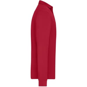 A red long-sleeve polo shirt with a collar, featuring a side view and a logo on the front.