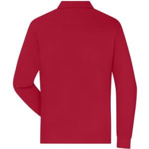 A red long-sleeved polo shirt with a collar and a logo on the back.