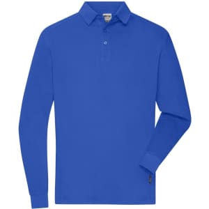 A blue long-sleeve polo shirt with a collar and button placket, featuring a logo on the side.