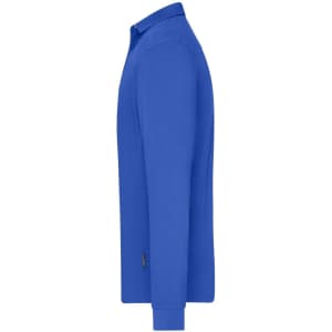 A long-sleeve polo shirt in bright blue, featuring a logo on the side.