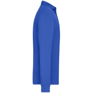 A blue long-sleeve polo shirt featuring a collar and long sleeves, with a logo on the chest.