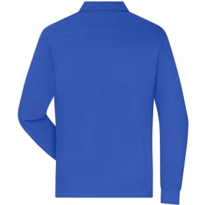 A blue long-sleeve polo shirt for men, featuring a collar and a back view. The shirt includes a branding logo.