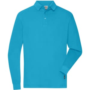 A long-sleeve polo shirt in bright turquoise blue with a collar and a logo on the hem.
