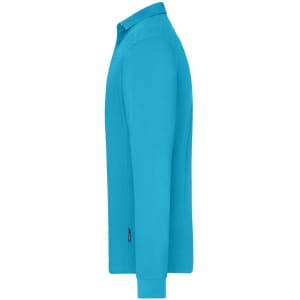 A bright blue men's long sleeve polo shirt, featuring a collar and long sleeves, with a logo on the side.
