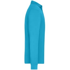 A long-sleeved polo shirt in vibrant teal with a collar and long sleeves, featuring a logo.