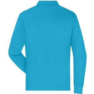 A long-sleeve polo shirt in bright blue, featuring a collar and a back view. It has a logo on the neck area.