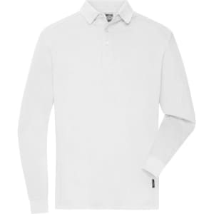 A long-sleeve polo shirt in white, featuring a collar and a subtle branding label at the hem.