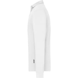 A white long-sleeve polo shirt with a collar, featuring a logo on the side.