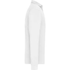 A long-sleeve white polo shirt with a collar and a logo on the chest. Ideal for workwear and casual settings.