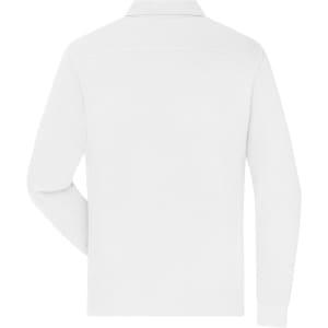 A white long-sleeved polo shirt with a collar and a logo on the back.