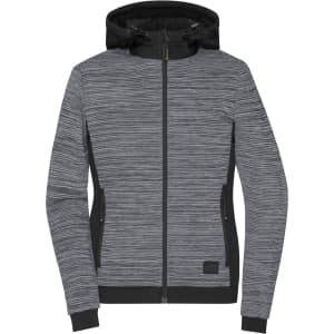 A padded hybrid jacket in grey with a black hood, featuring a zip front and side pockets, also displaying a logo.