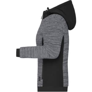 A padded hybrid jacket in grey and black with a hood, featuring a textured design and side panels.