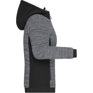 A Ladies Padded Hybrid Jacket in black and grey, featuring a hood and zippered front. It has a logo on the sleeve.